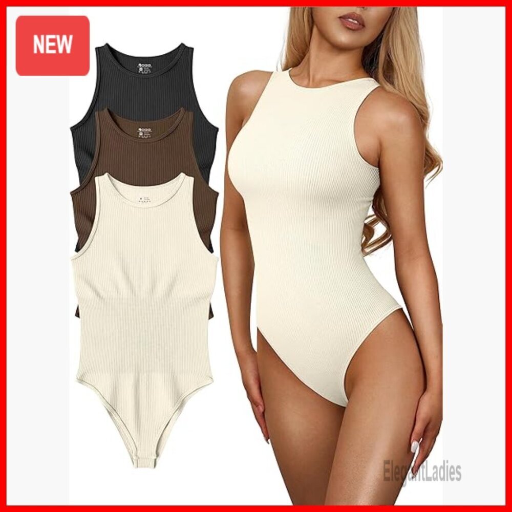 Sleeveless Halter Neck Bodysuit, Ribbed Stretch Fabric, Shapewear Leotard